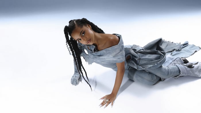 Tyla in a denim outfit