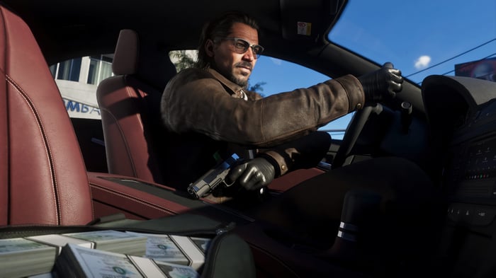 Raul Bautista driving a car with money and gun in GTA 6 4K