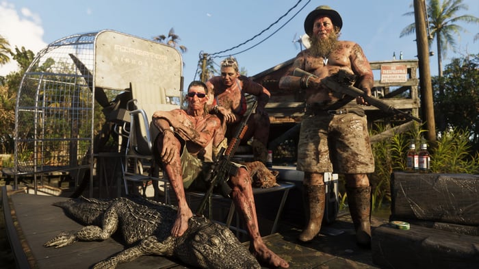 Grand Theft Auto 6: Three people with alligators and an airboat