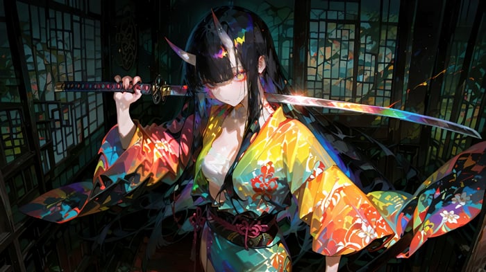 Anime Girl with Horns and Rainbow Katana