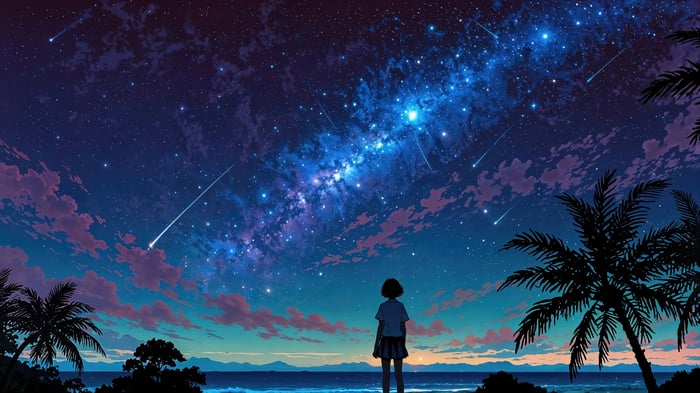 Anime Girl Watching the Milky Way and Shooting Stars 4K