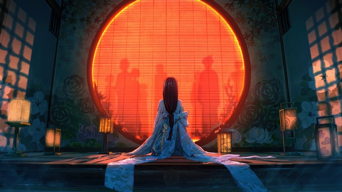 Anime Girl in Kimono in front of a large circular window