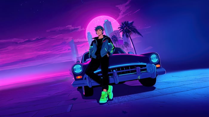 Anime Guy Poses with Classic Car Under Pink Moon 4K