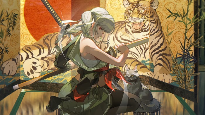 Anime Girl with Katana and Tiger