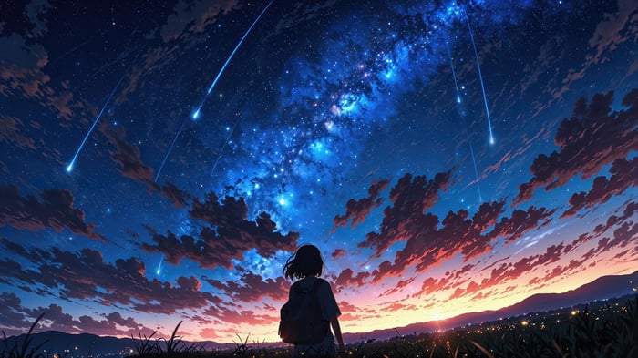 Anime Girl Watching Shooting Stars and Milky Way 4K