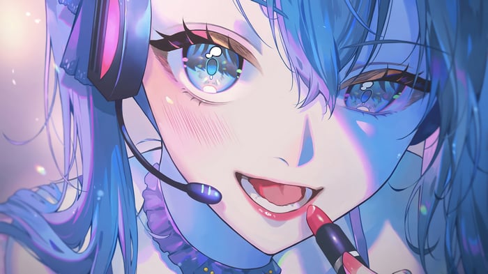 Anime Girl with Blue Hair and Headphones Applying Lipstick 4K