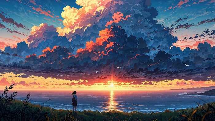 Anime Girl Watching Sunset Over Ocean 4K