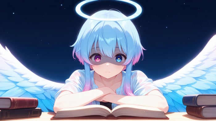 Anime Angel Girl with Halo and Wings Reading