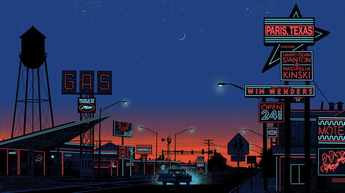 Paris, Texas Neon Signs at Dusk