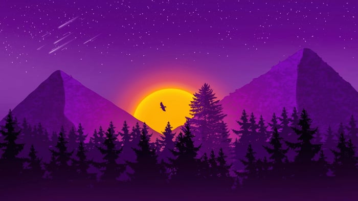 Minimalist Sunset over Mountains with Forest and Eagle
