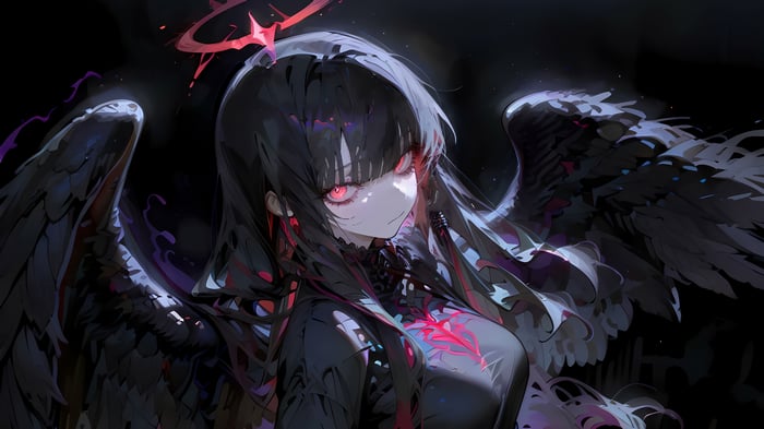 Anime Girl with Black Wings and Red Eyes 4K