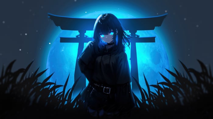Anime Girl in Front of a Blue Moon