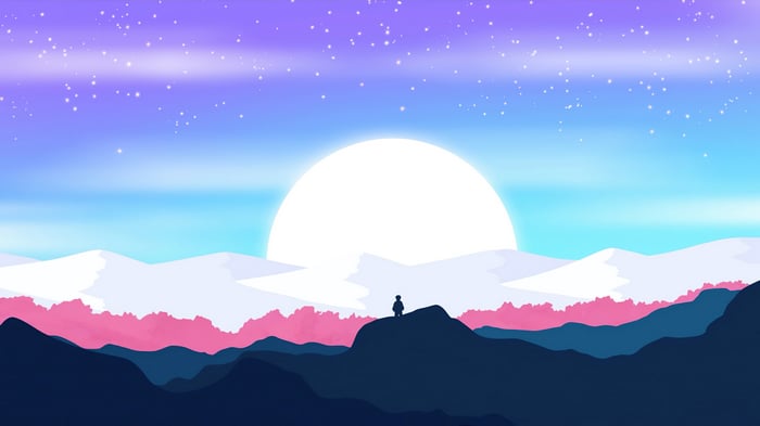 Minimalist Landscape with a Large Moon and a Lone Figure