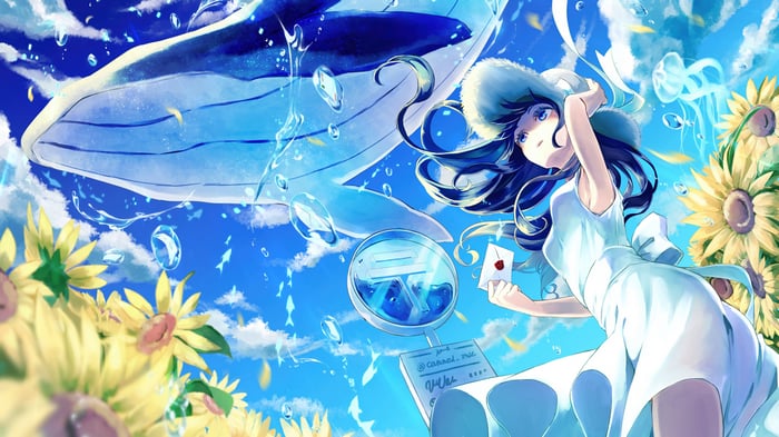 Anime Girl with Whale and Sunflowers 4K