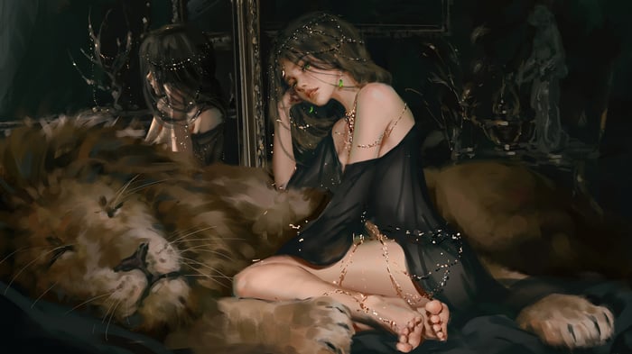 Anime Girl with Lion in Fantasy Setting 4K