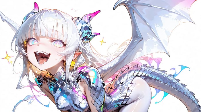 Anime Dragon Girl with White Hair and Wings 4K