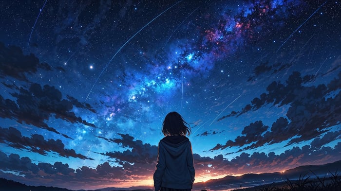 Anime Girl Looking at Starry Sky at Sunset