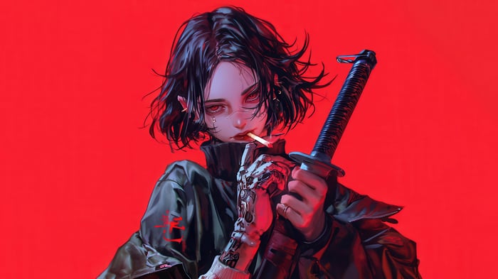 Anime Girl Smoking with Katana 4K