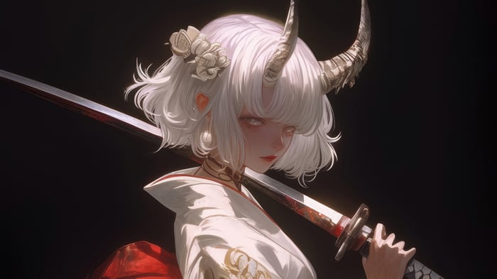 Anime Girl with Horns and Katana 4K