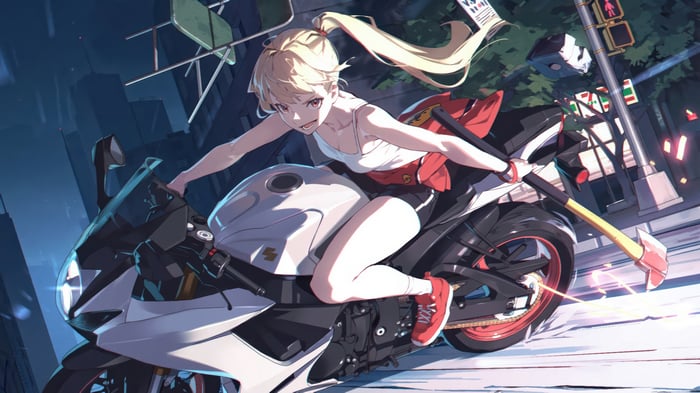Anime Girl Riding a Motorcycle with an Axe