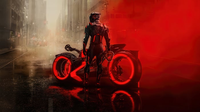 Tron: Ares Motorcycle Rider in Red Smoke