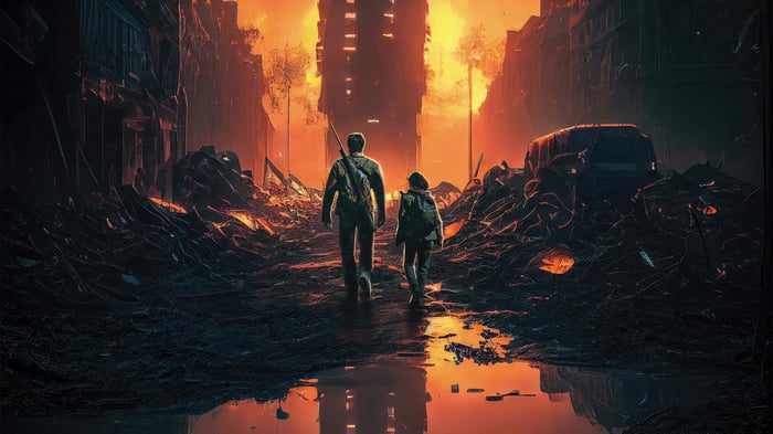 Joel and Ellie in a destroyed city 4K