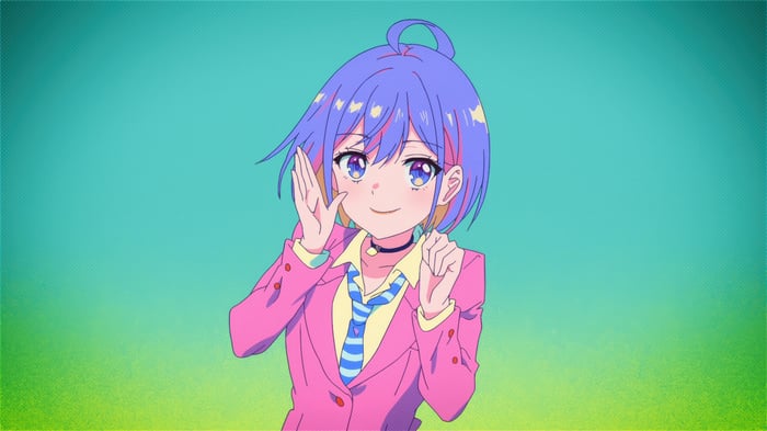 Anime girl with purple hair in a pink suit