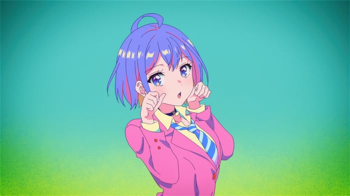 Anime girl with purple hair in a pink jacket