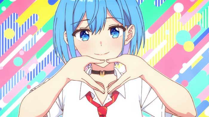 Anime girl with blue hair making a heart shape