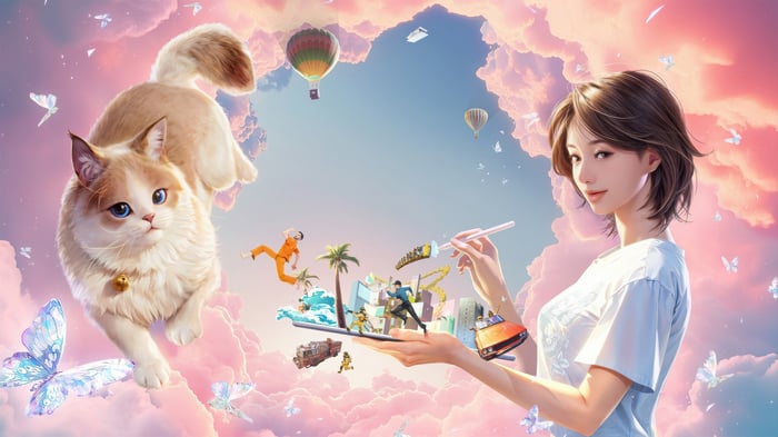inZOI 4K: Girl painting a dream world with cat and hot air balloons