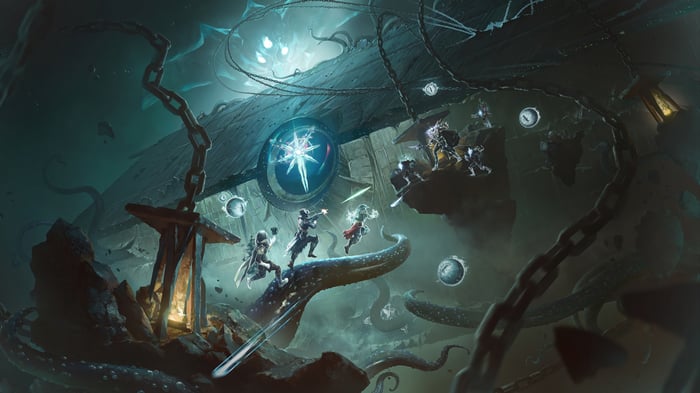 Destiny 2 characters fighting in a dark, alien environment
