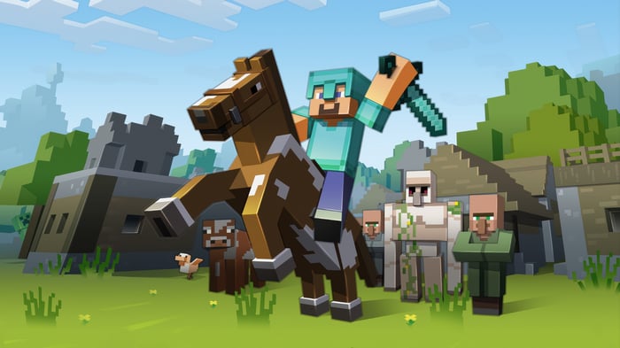 Minecraft: Player riding a horse with villagers and golem