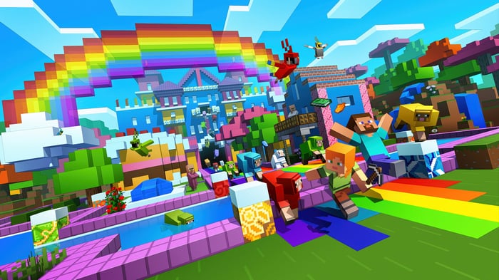 Minecraft characters and rainbow bridge in a colorful world