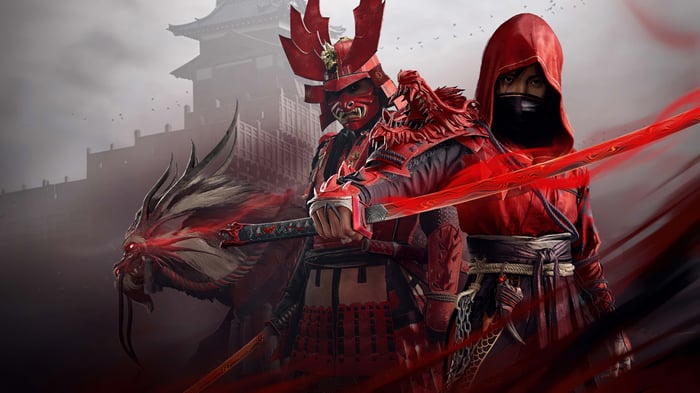Yasuke and Naoe with a dragon in front of a castle