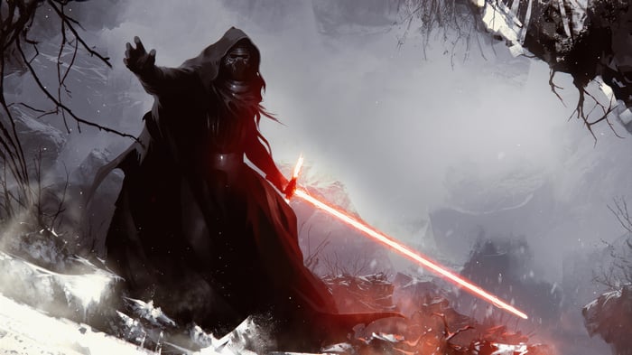 Kylo Ren with Red Lightsaber in Snowy Landscape 4K