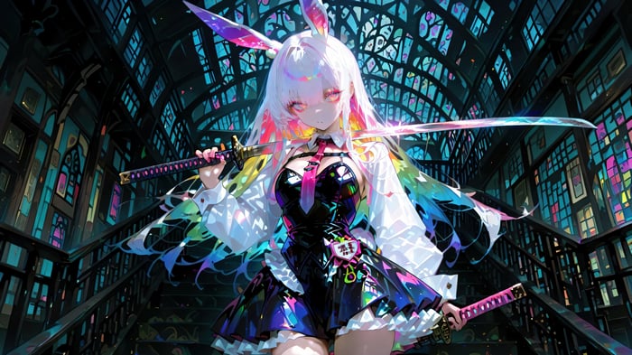 Anime Girl with Bunny Ears and Katanas in 4K