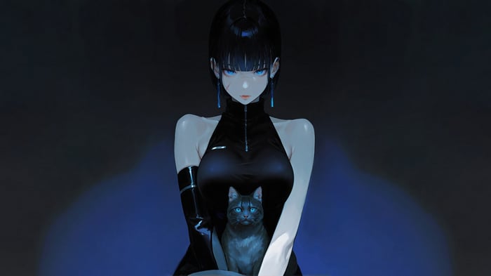 Anime Girl with Cat and Blue Eyes 4K