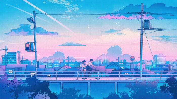 Students Riding Bicycle in City Scenery 4K