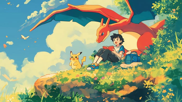 Ash, Pikachu, and Charizard in Pokemon 4K