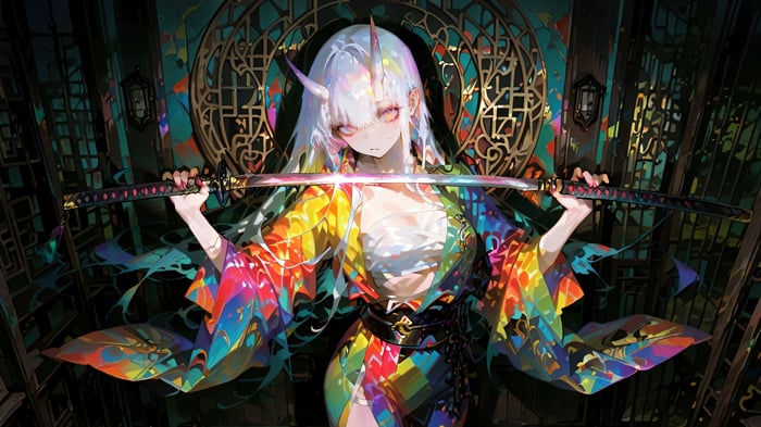 Anime Girl with Horns and Katana in Kimono 4K