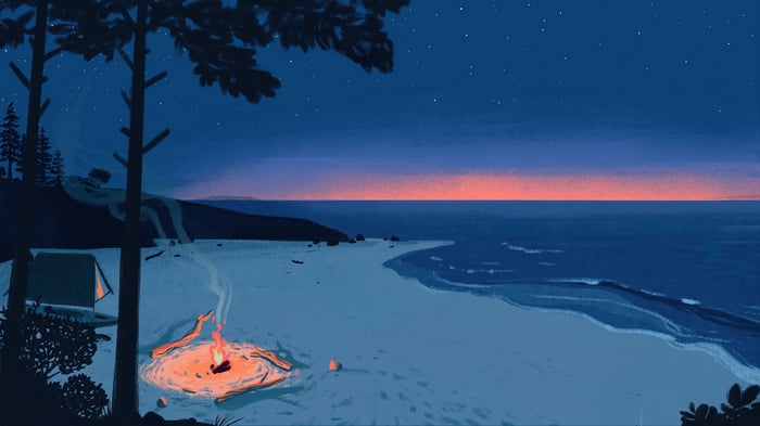 Beach campsite with campfire and tent at sunset 4K