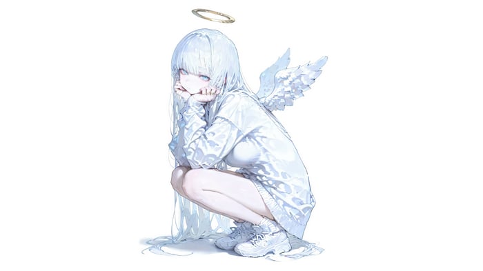 Anime Angel Girl with White Hair and Wings 4K