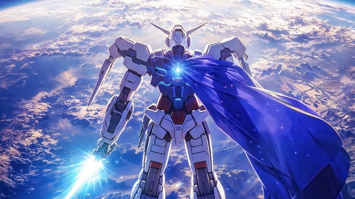 Gundam in Space with Blue Cape and Beam Saber 4K
