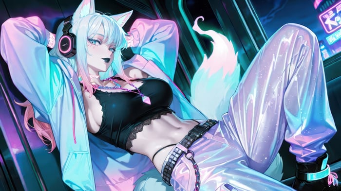 Anime Fox Girl with Headphones in Neon City 4K