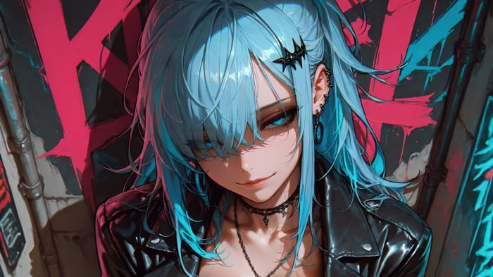 Anime Girl with Blue Hair and Black Leather Jacket 4K