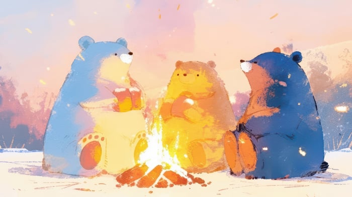 Three bears sitting by a campfire