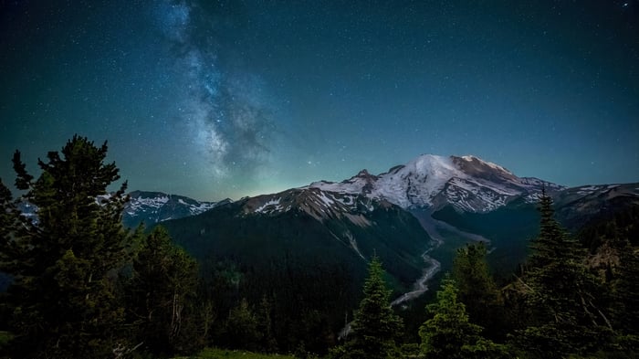 Milky Way over Mount Rainier at Night 4K