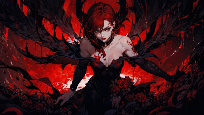 Fantasy Girl with Red Hair and Black Wings
