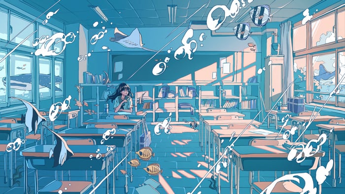 Anime Classroom Underwater with Student and Fish