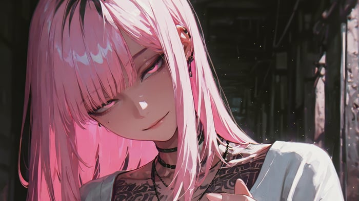 Anime Girl with Pink Hair and Tattoos 4K